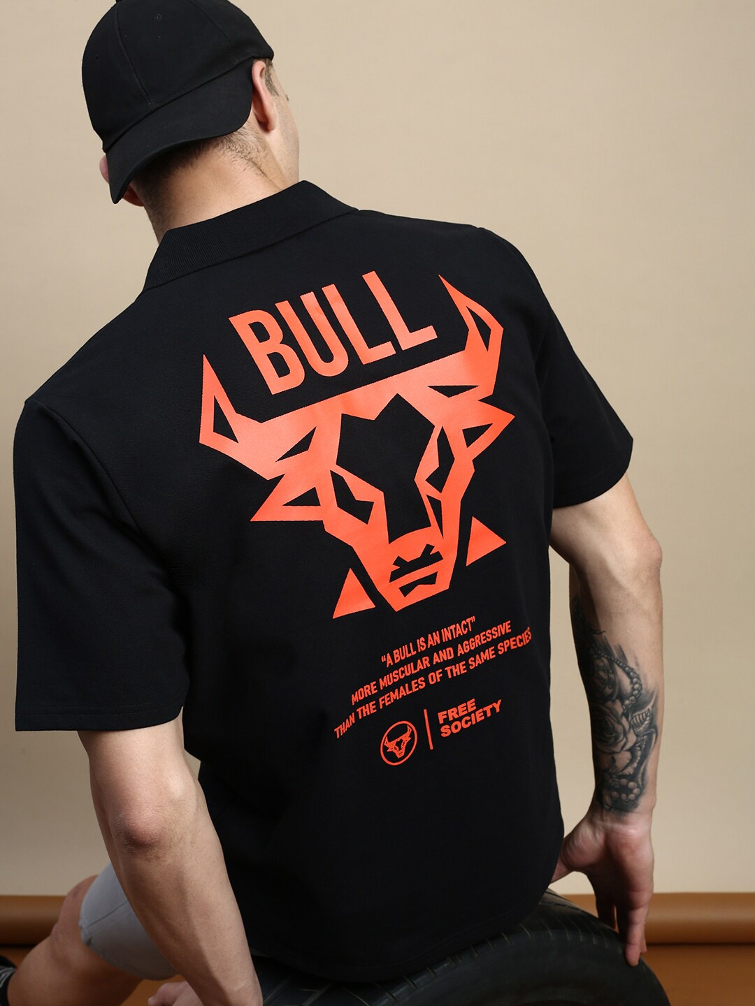 

FREE SOCIETY Graphic Printed Polo Collar Pure Cotton Oversized T-shirt, Black