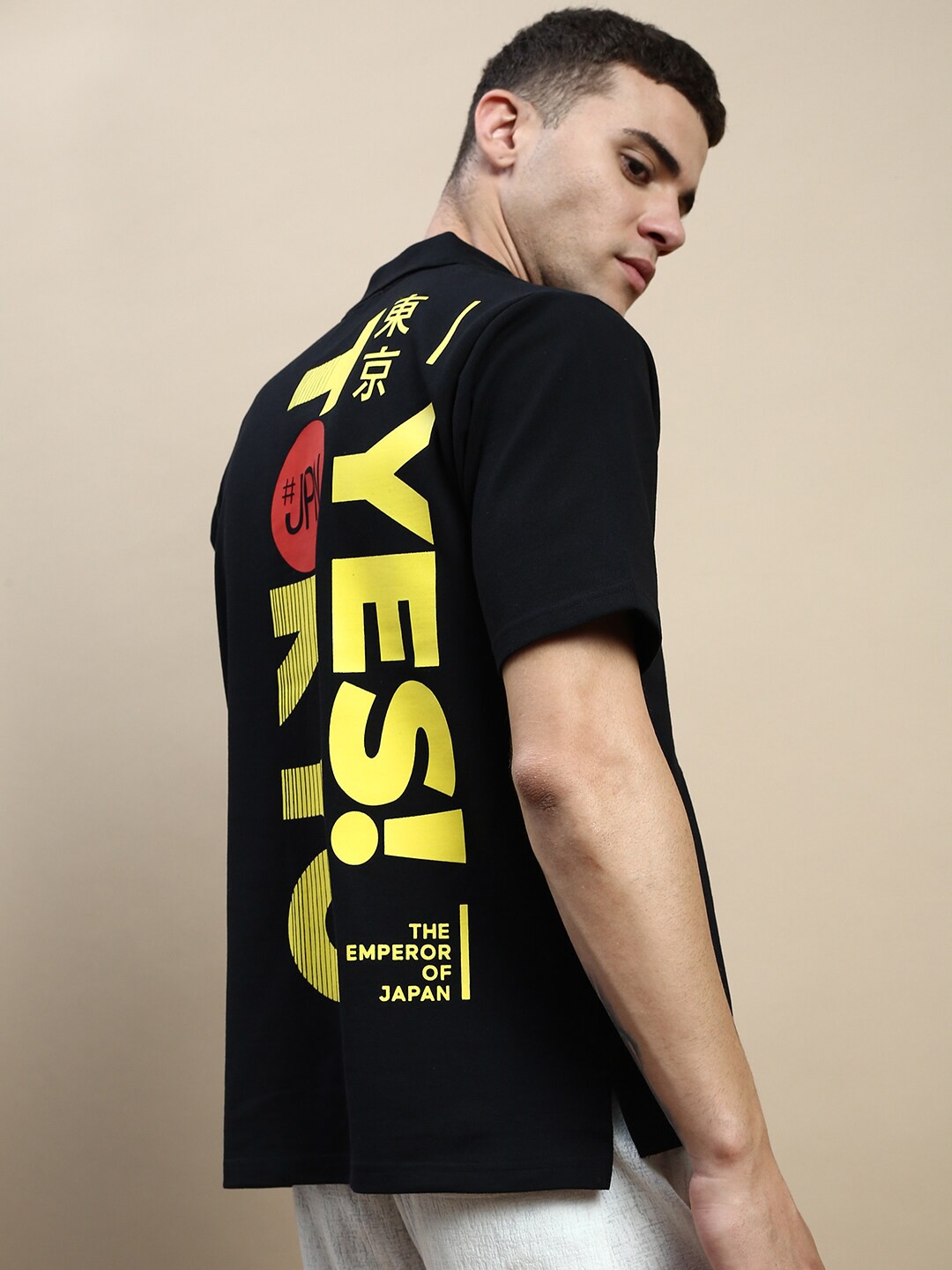 

FREE SOCIETY Oversized Typography Printed Polo Collar Cotton T-shirt, Black
