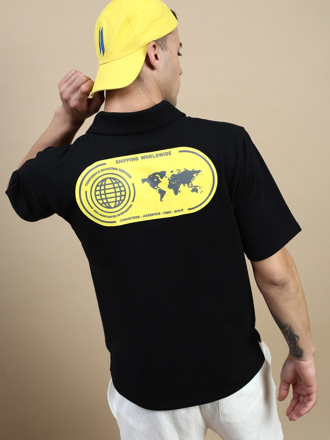 

FREE SOCIETY Typography Printed Polo Collar Pure Cotton Oversized T-shirt, Black