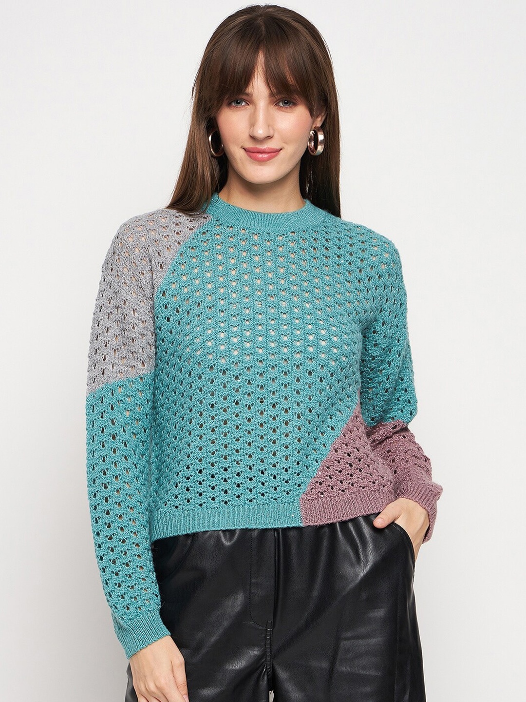 

Madame Open Knit Acrylic Pullover, Blue