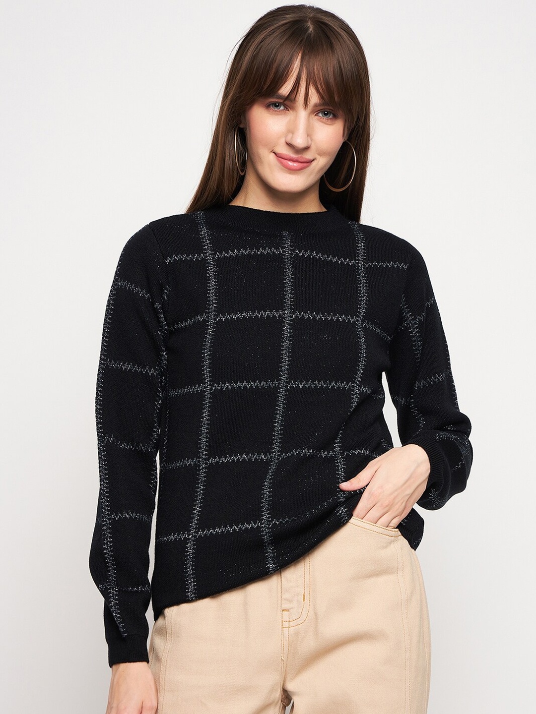 

Madame Checked Acrylic Pullover, Black