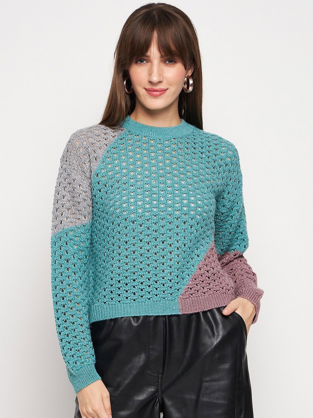 

Madame Open Knit Acrylic Pullover, Blue