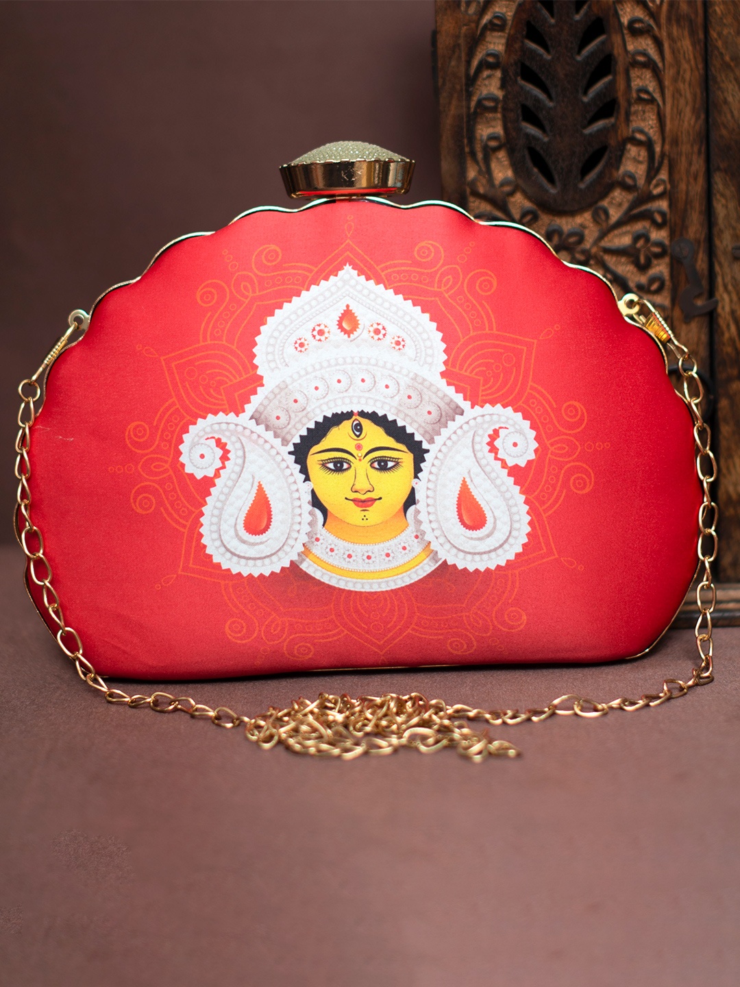 

ARTKLIM Durga Printed Half Moon Clutch, Red