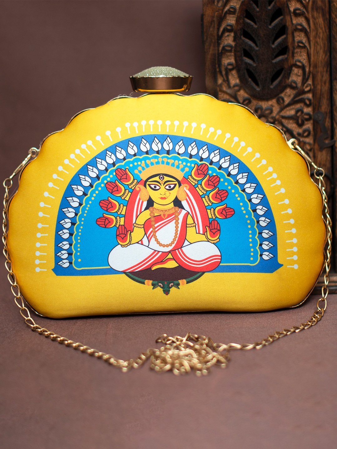 

ARTKLIM Durga Printed Half Moon Clutch, Yellow