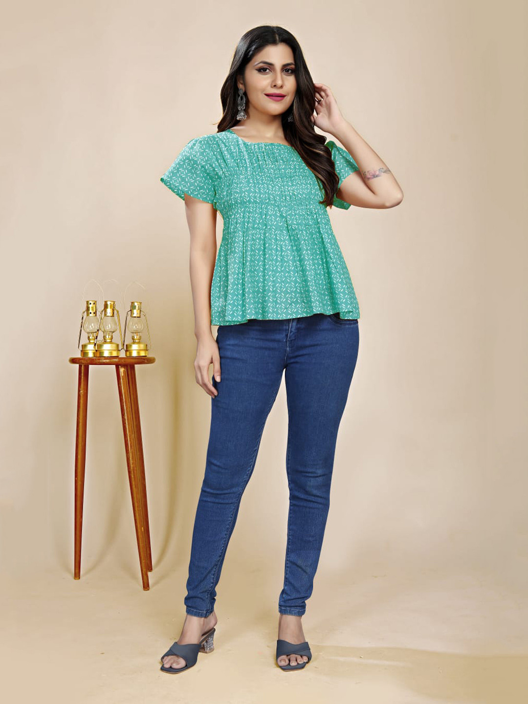 

BAESD Floral Printed Pure Cotton A-Line Top, Green