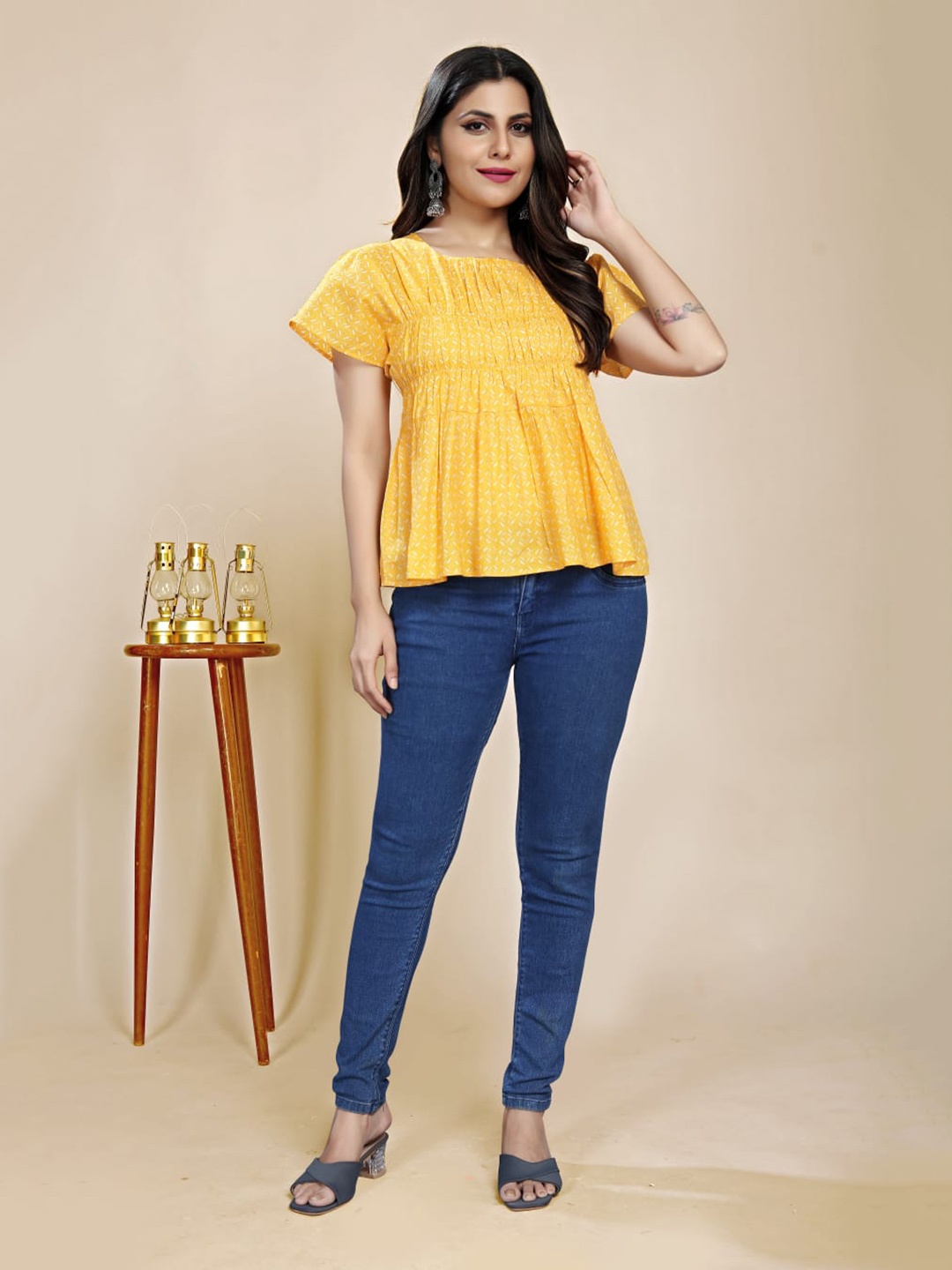

BAESD Geometric Printed Flared Sleeve Cotton Top, Yellow