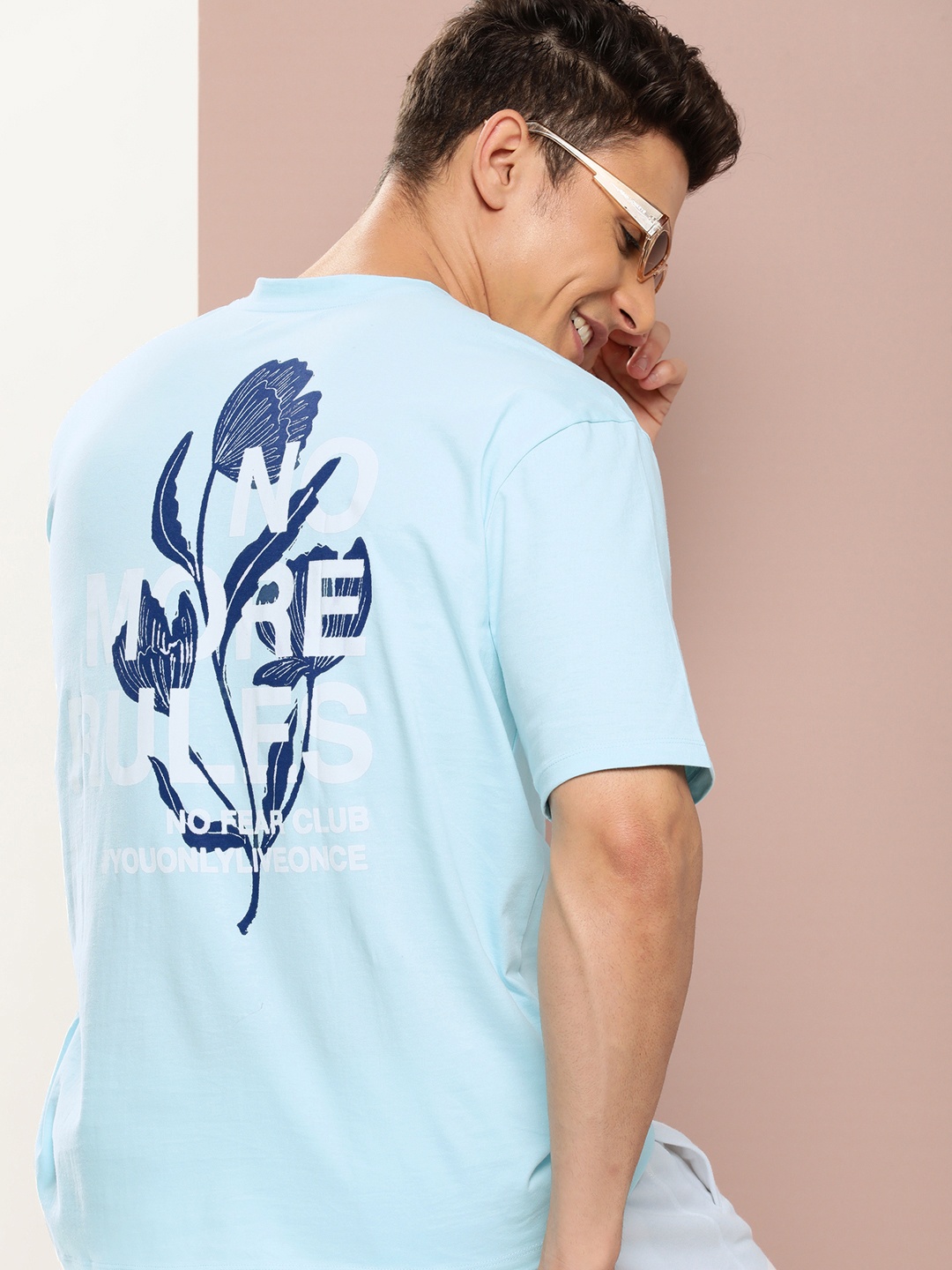 

Harvard Printed Drop-Shoulder Sleeves Pure Cotton T-shirt, Blue