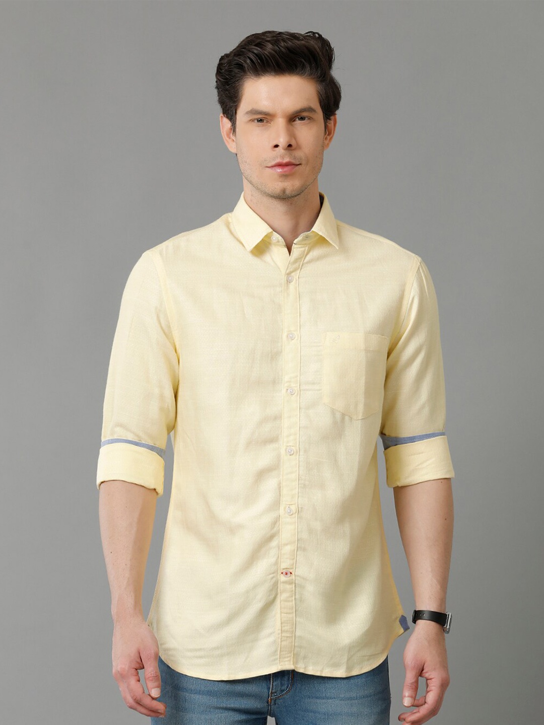 

Double Two Spread Collar Slim Fit Casual Cotton Shirt, Yellow
