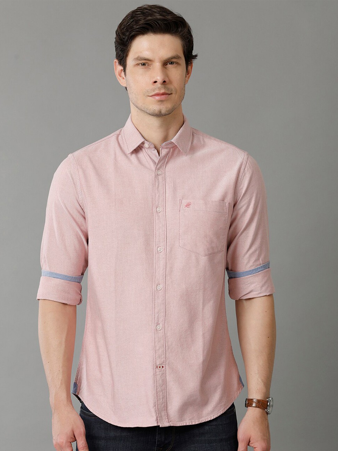 

Double Two Spread Collar Slim Fit Casual Cotton Shirt, Peach