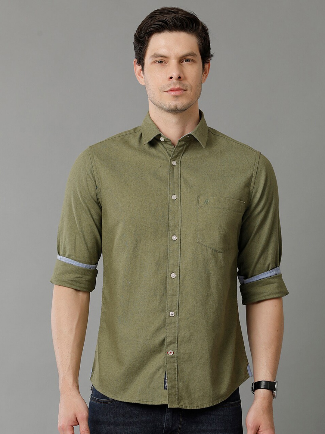 

Double Two Indian Slim Fit Oxford Cotton Casual Shirt, Olive