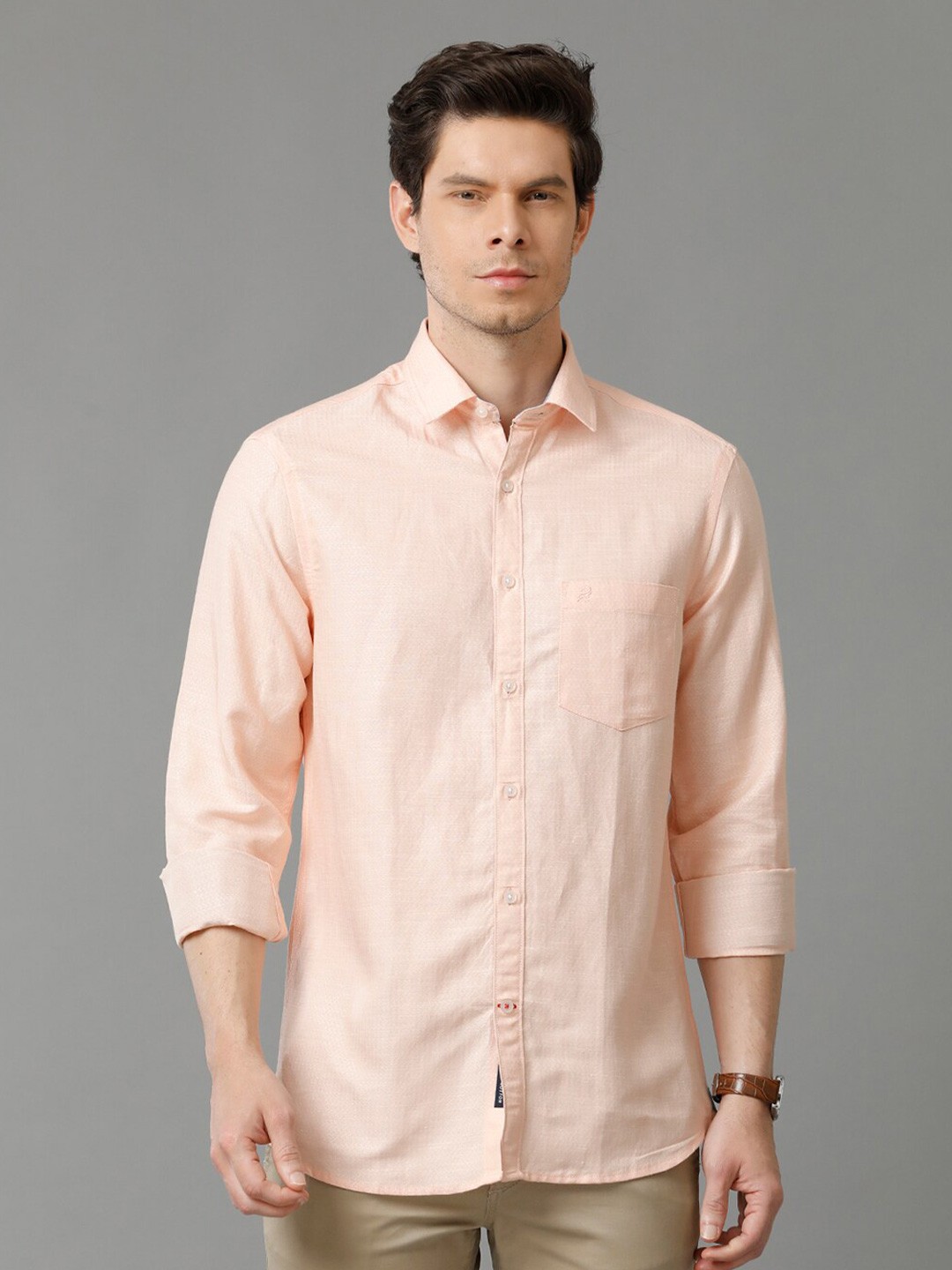 

Double Two Spread Collar Slim Fit Casual Cotton Shirt, Peach