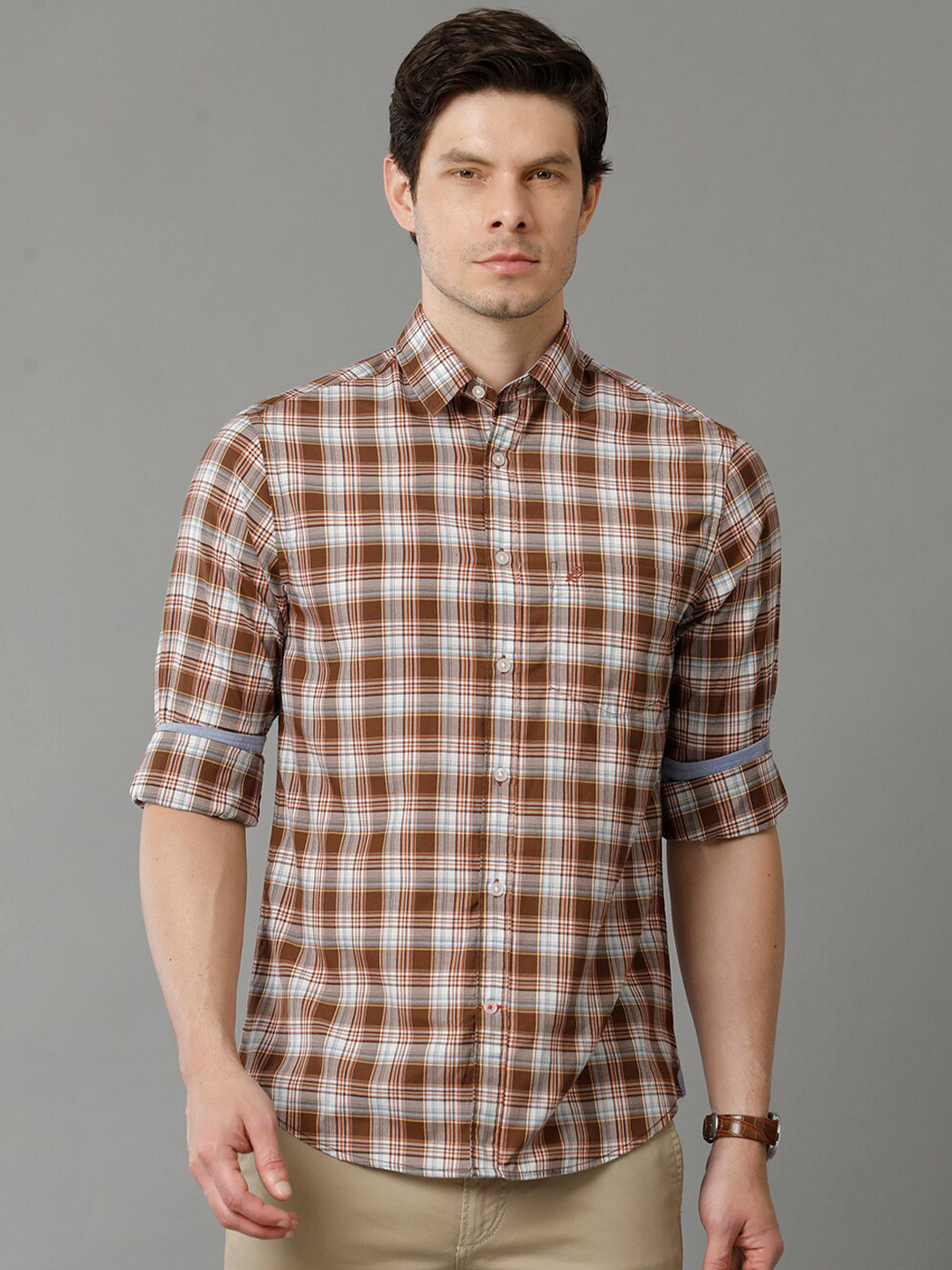 

Double Two Spread Collar Slim Fit Tartan Checked Cotton Shirt, Brown