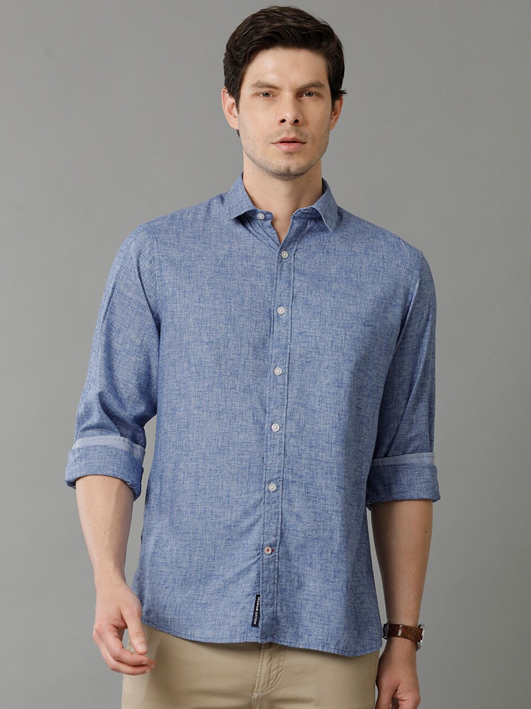 

Double Two Spread Collar Slim Fit Opaque Casual Cotton Shirt, Blue