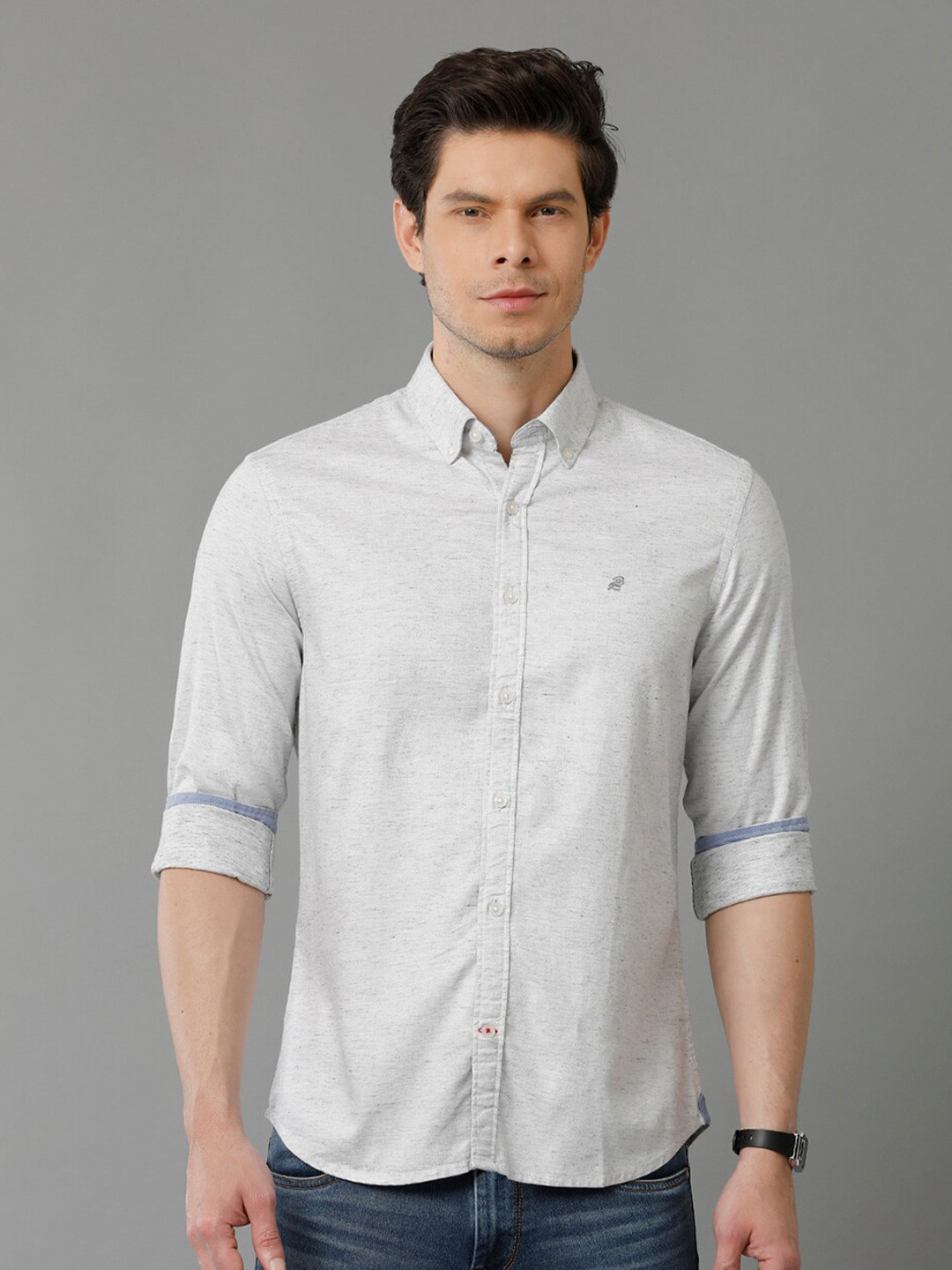 

Double Two Spread Collar Slim Fit Casual Cotton Shirt, Grey