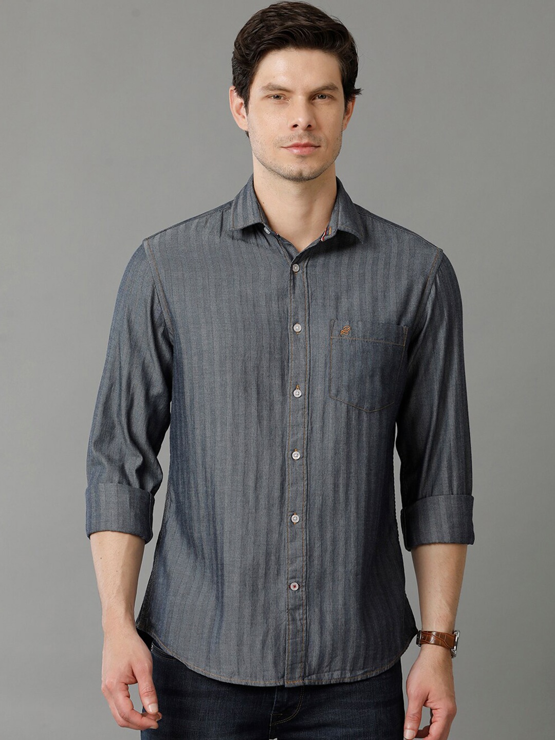 

Double Two Spread Collar Striped Slim Fit Opaque Cotton Shirt, Grey