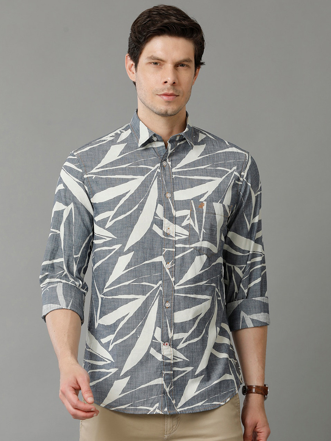 

Double Two Slim Fit Graphic Printed Cotton Casual Shirt, Grey