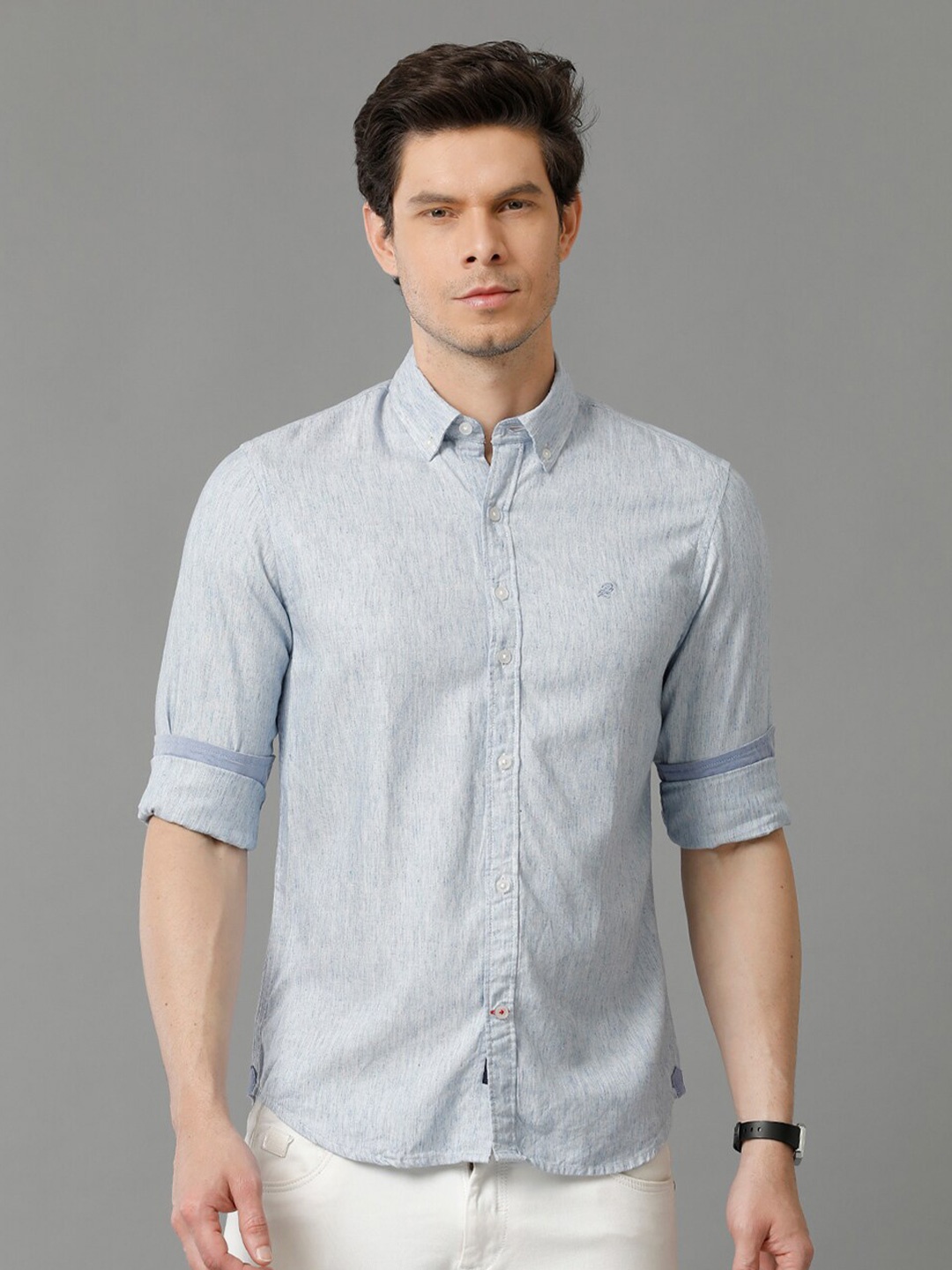 

Double Two Spread Collar Long Sleeves Slim Fit Cotton Shirt, Blue