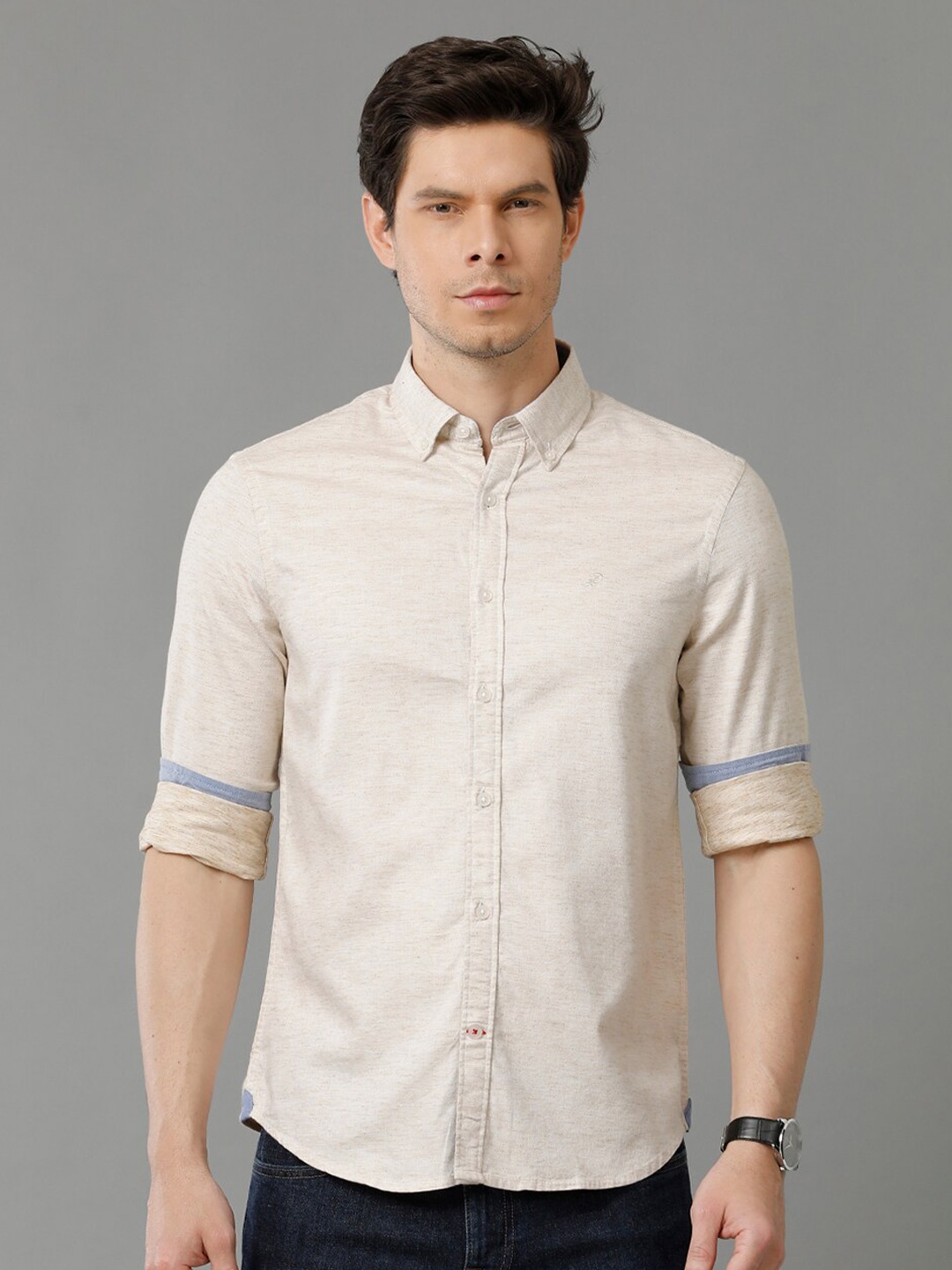 

Double Two Spread Collar Slim Fit Casual Cotton Shirt, Beige