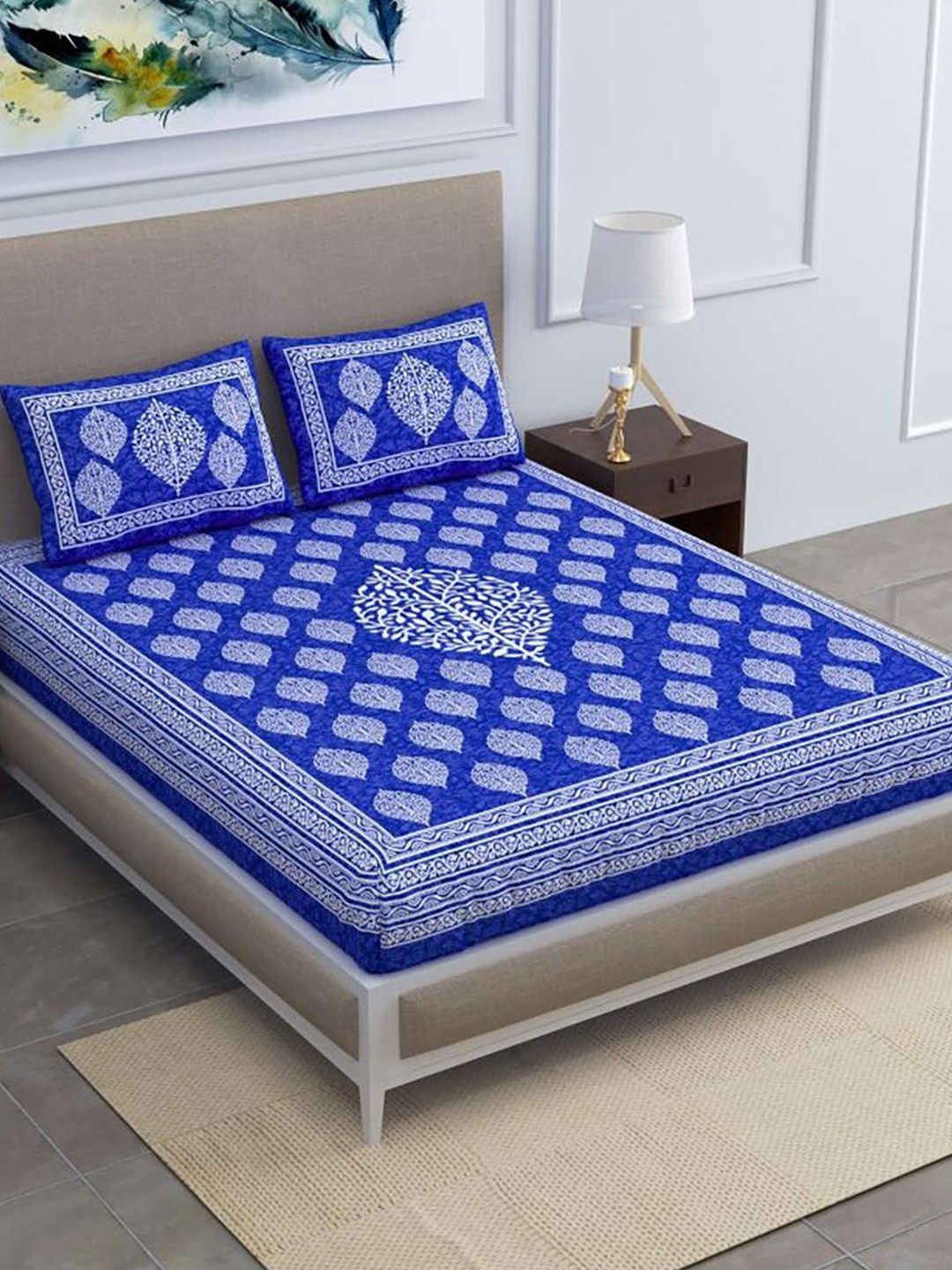 

HOMETALES Blue Ethnic Motifs Printed Cotton 104 TC King Bedsheet with 2 Pillow Covers