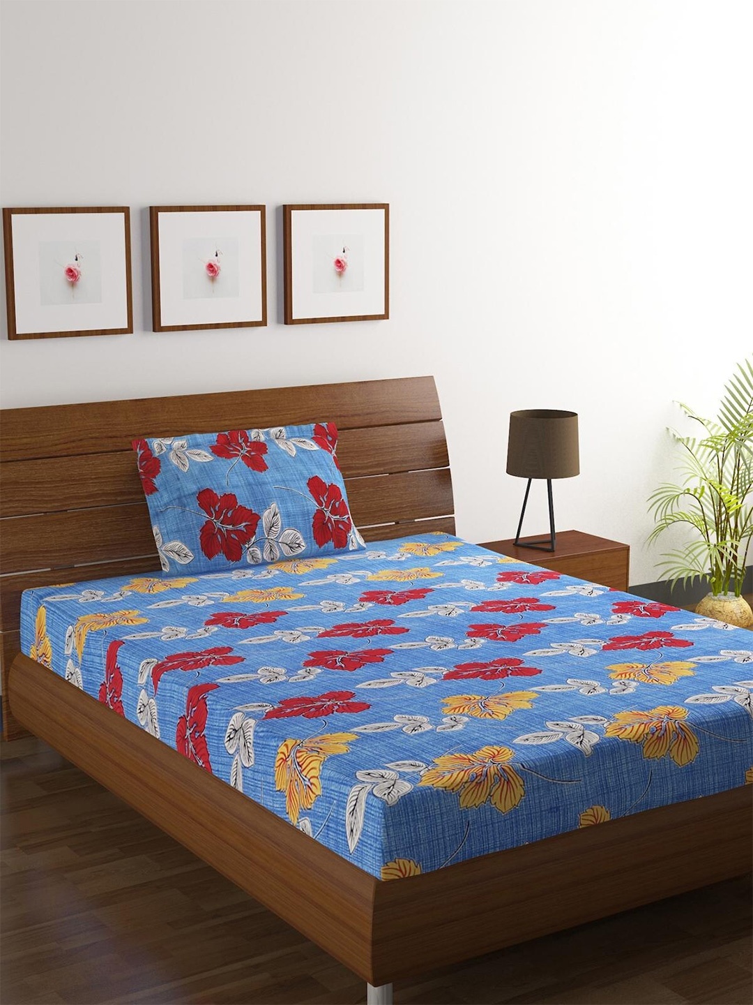 

HOMETALES Blue & Rose Floral 120 TC Single Bedsheet with 1 Pillow Covers