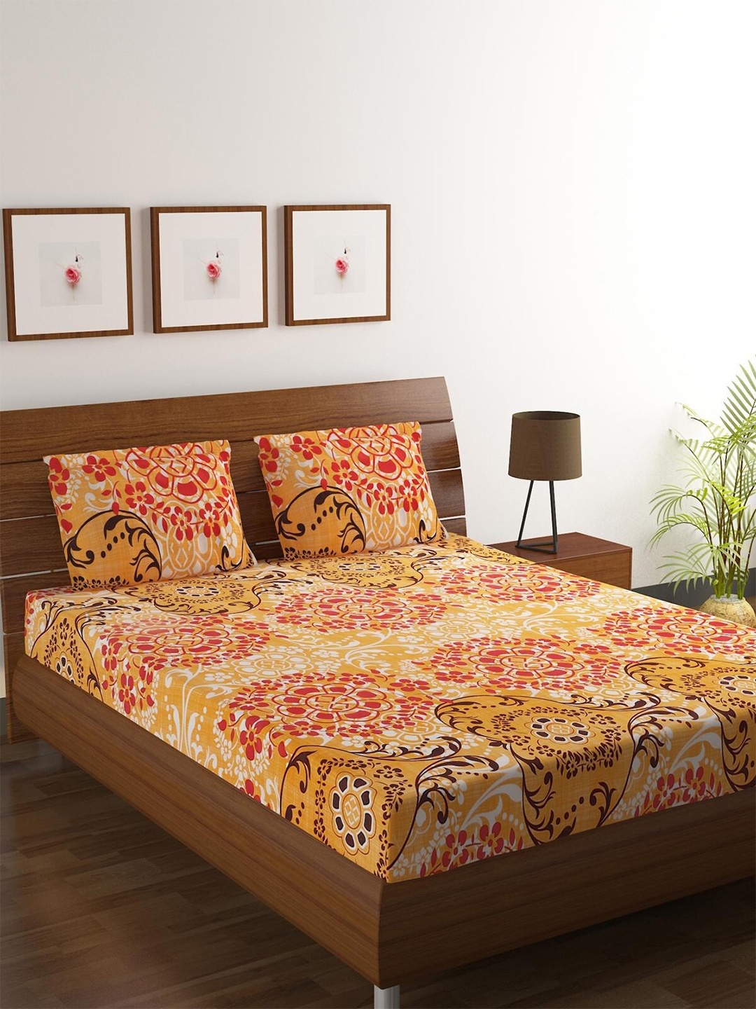 

HOMETALES Mustard & White Floral 120 TC King Bedsheet with 2 Pillow Covers
