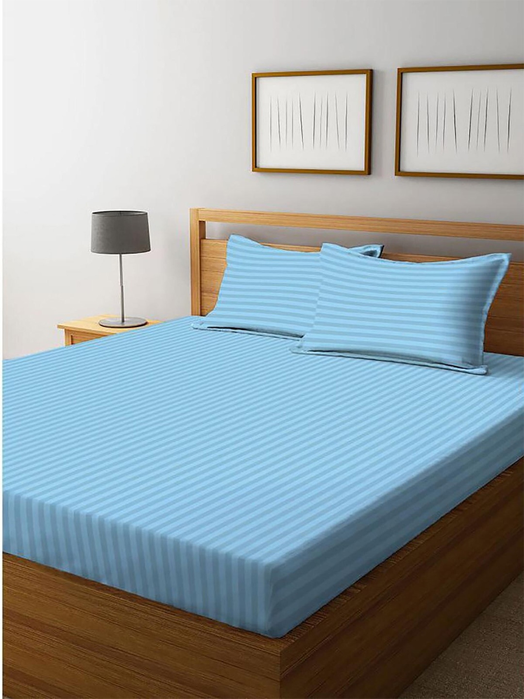 

HOMETALES Blue Striped 120 TC Queen Bedsheet with 2 Pillow Covers
