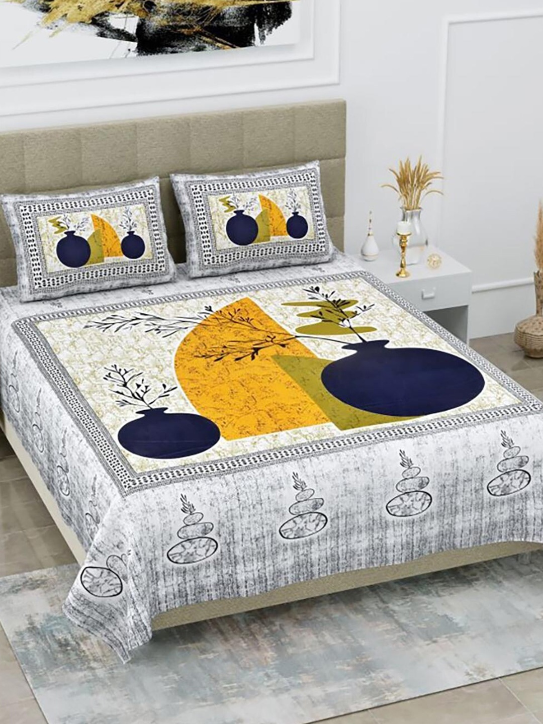 

HOMETALES Yellow & Grey Abstract Cotton 104 TC King Bedsheet with 2 Pillow Covers