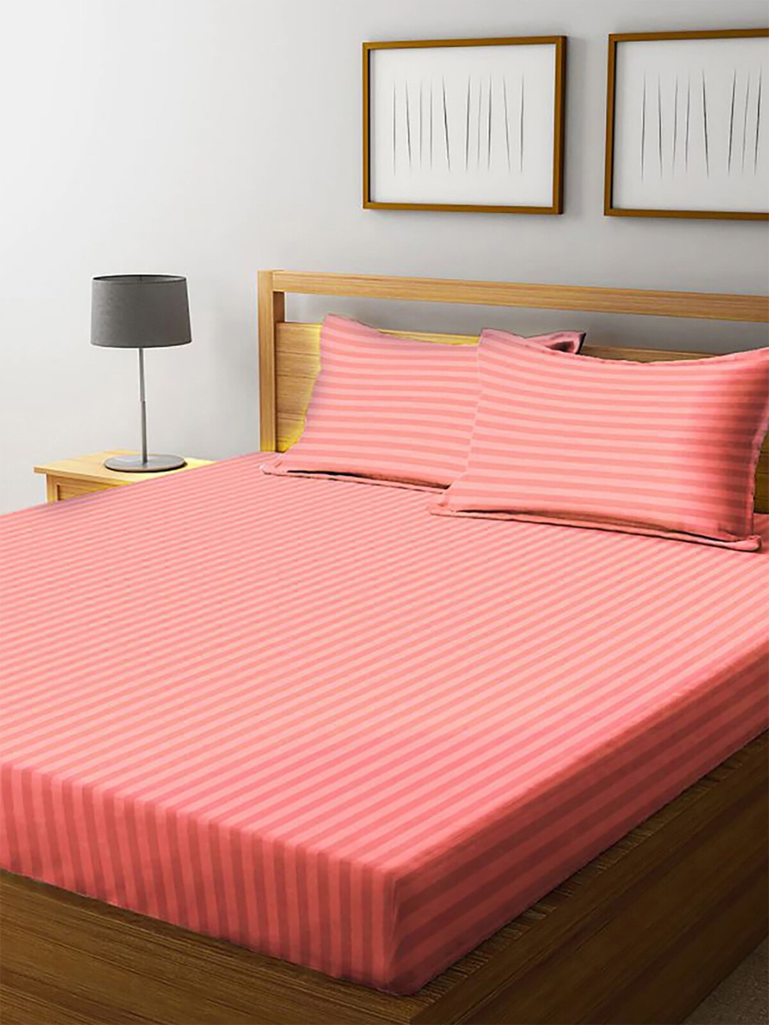 

HOMETALES Pink Striped 120 TC King Bedsheet with 2 Pillow Covers