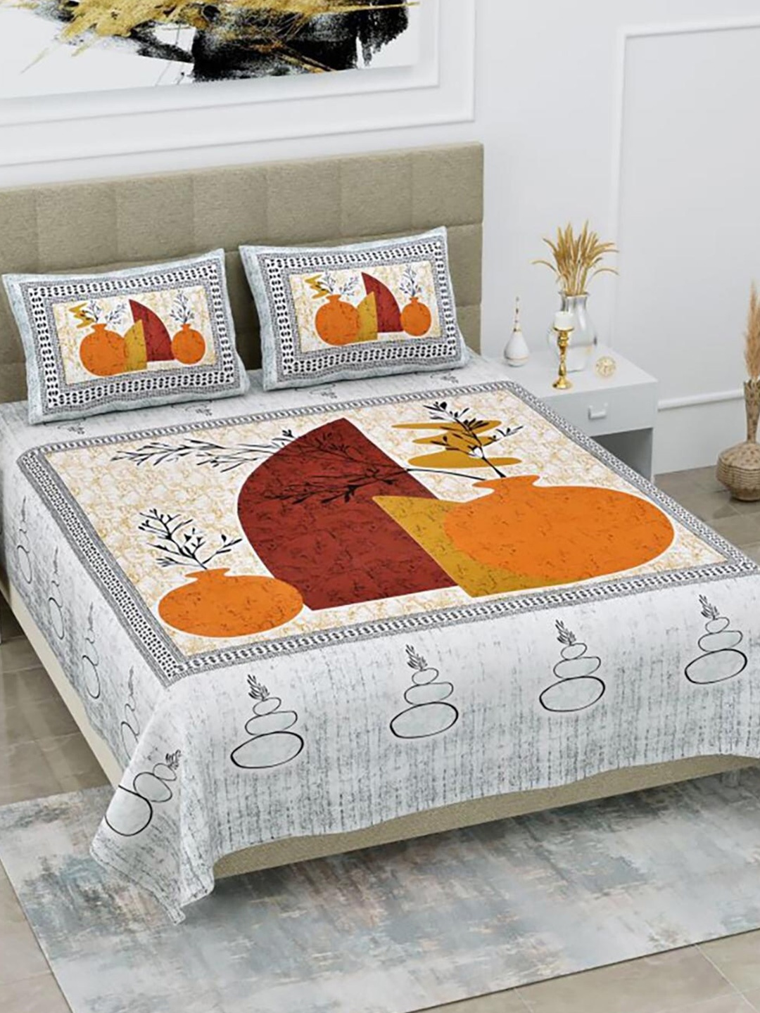 

HOMETALES Rust & Grey Abstract Cotton 104 TC King Bedsheet with 2 Pillow Covers