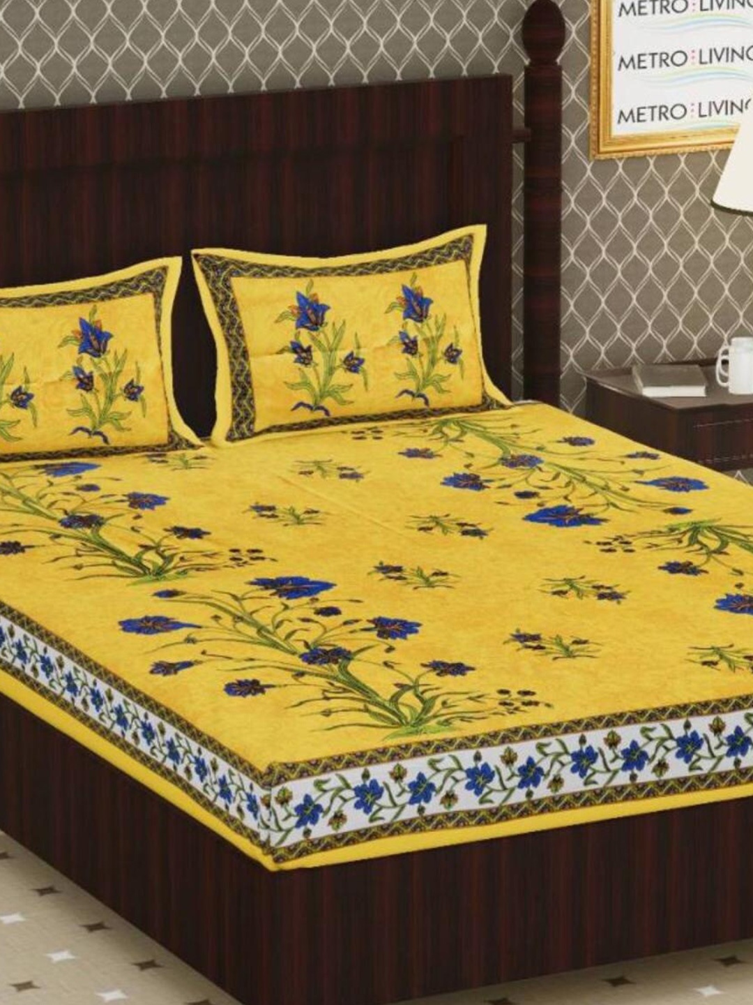 

HOMETALES Yellow & Blue Floral Cotton 104 TC Queen Bedsheet with 2 Pillow Covers