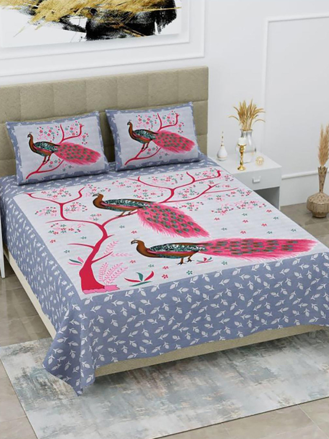 

HOMETALES Grey Pink Ethnic Motifs Cotton 104 TC King Bedsheet With 2 Pillow Covers