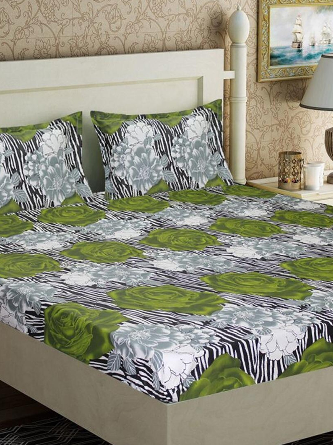 

HOMETALES Green & Grey Floral Cotton 144 TC King Bedsheet With 2 Pillow Covers
