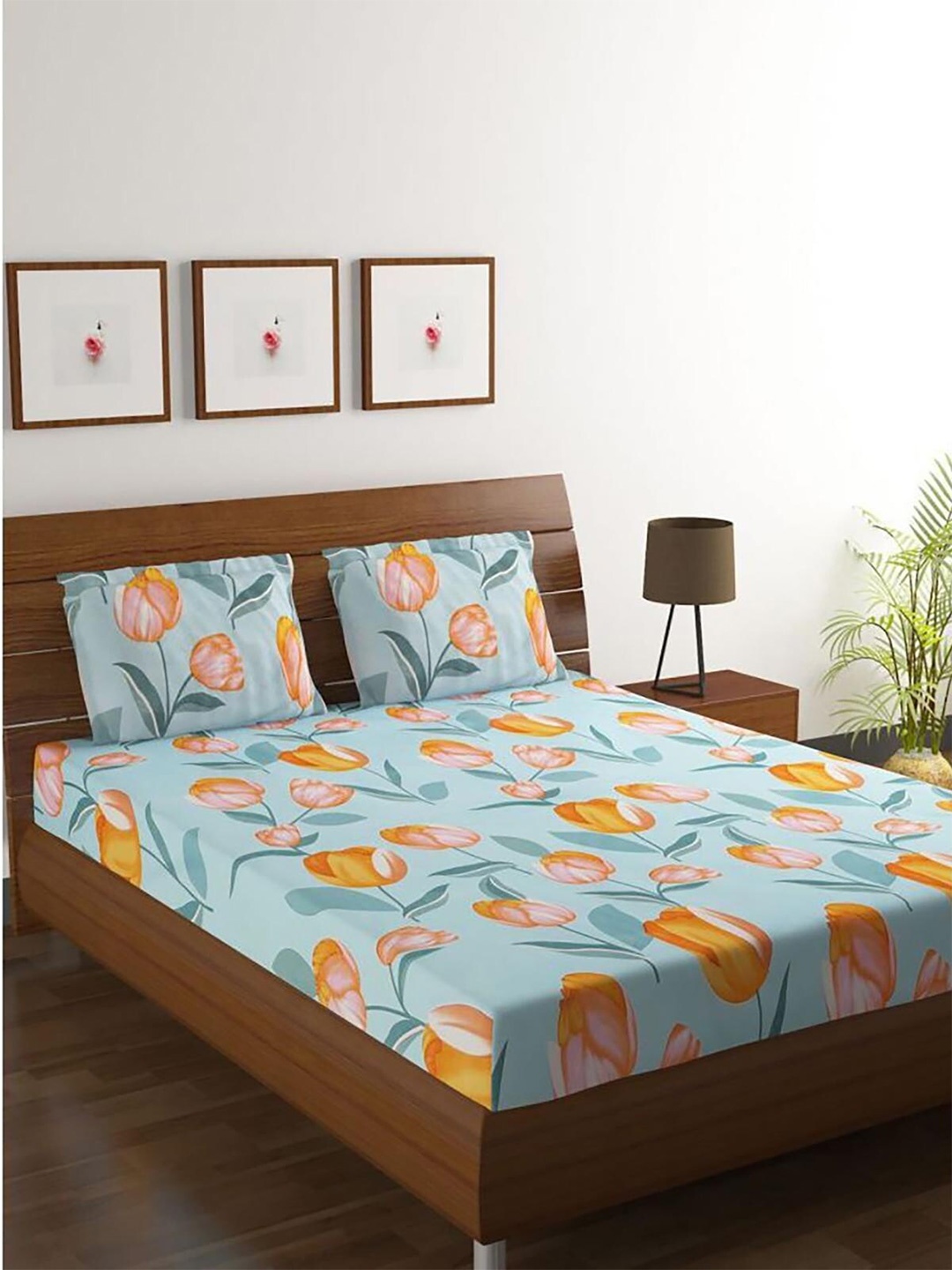 

HOMETALES Blue & Orange 128 TC Floral Queen Bedsheet with 2 Pillow Covers