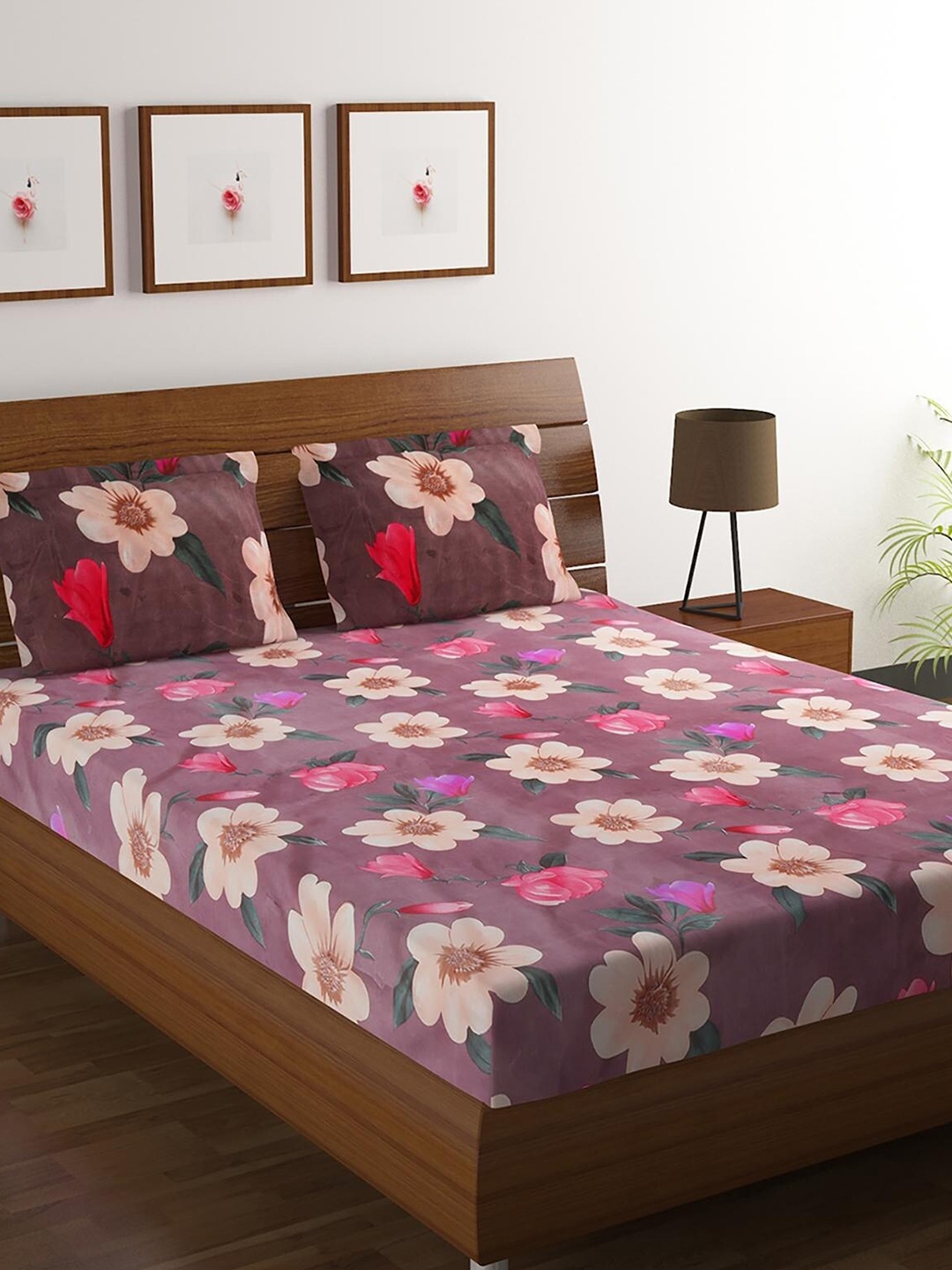 

HOMETALES Mauve & Pink Floral 120 TC King Bedsheet with 2 Pillow Covers