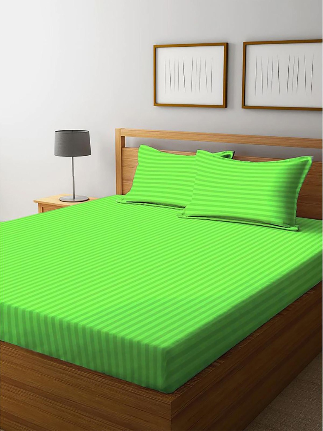 

HOMETALES Green Striped Queen Bedsheet With 2 Pillow Covers