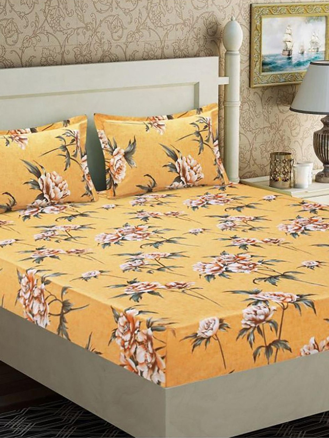 

HOMETALES Mustard Green Floral Cotton 144 TC King Bedsheet With 2 Pillow Covers