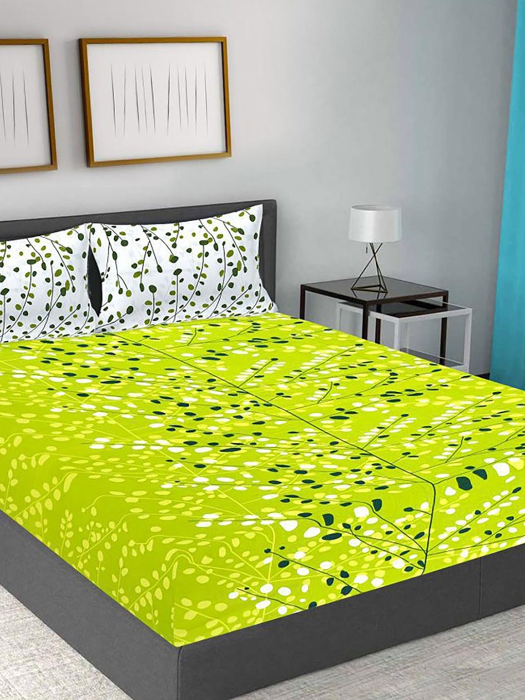 

HOMETALES Lime Green Floral Cotton 104 TC Queen Bedsheet With 2 Pillow Covers