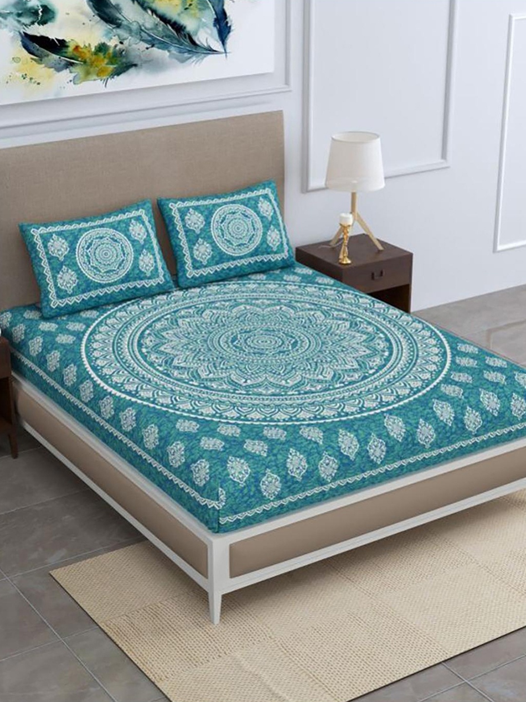 

HOMETALES Sea Green White Ethnic Motifs Cotton 104 TC King Bedsheet With 2 Pillow Covers