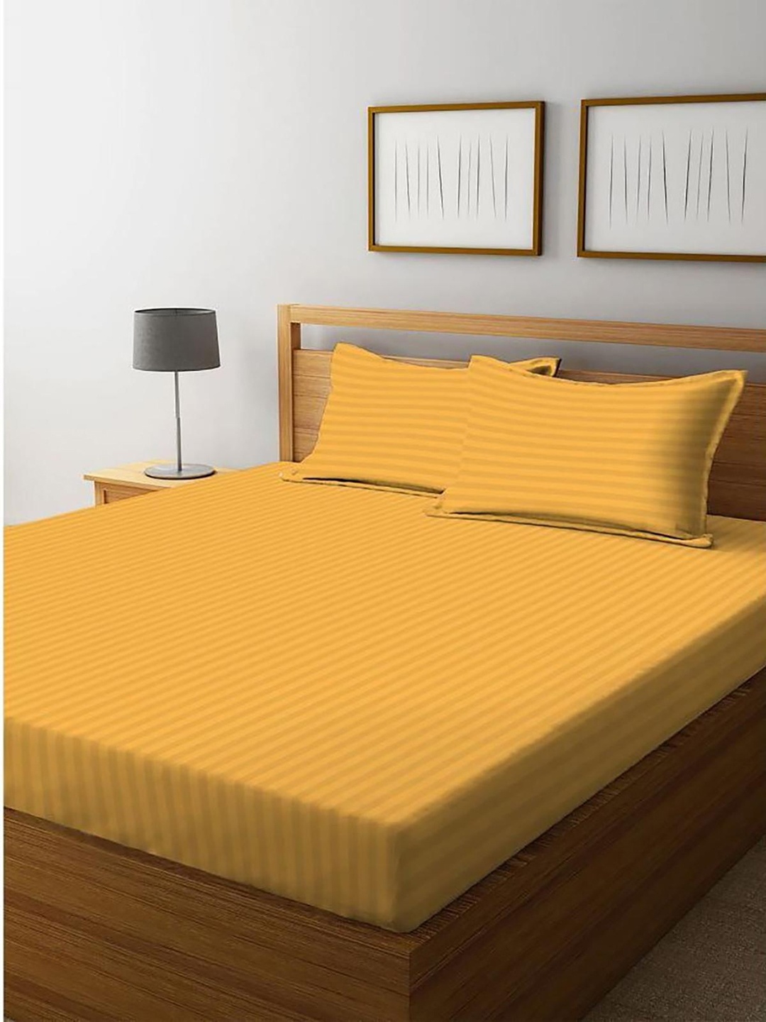 

HOMETALES Yellow Striped Queen Bedsheet With 2 Pillow Covers