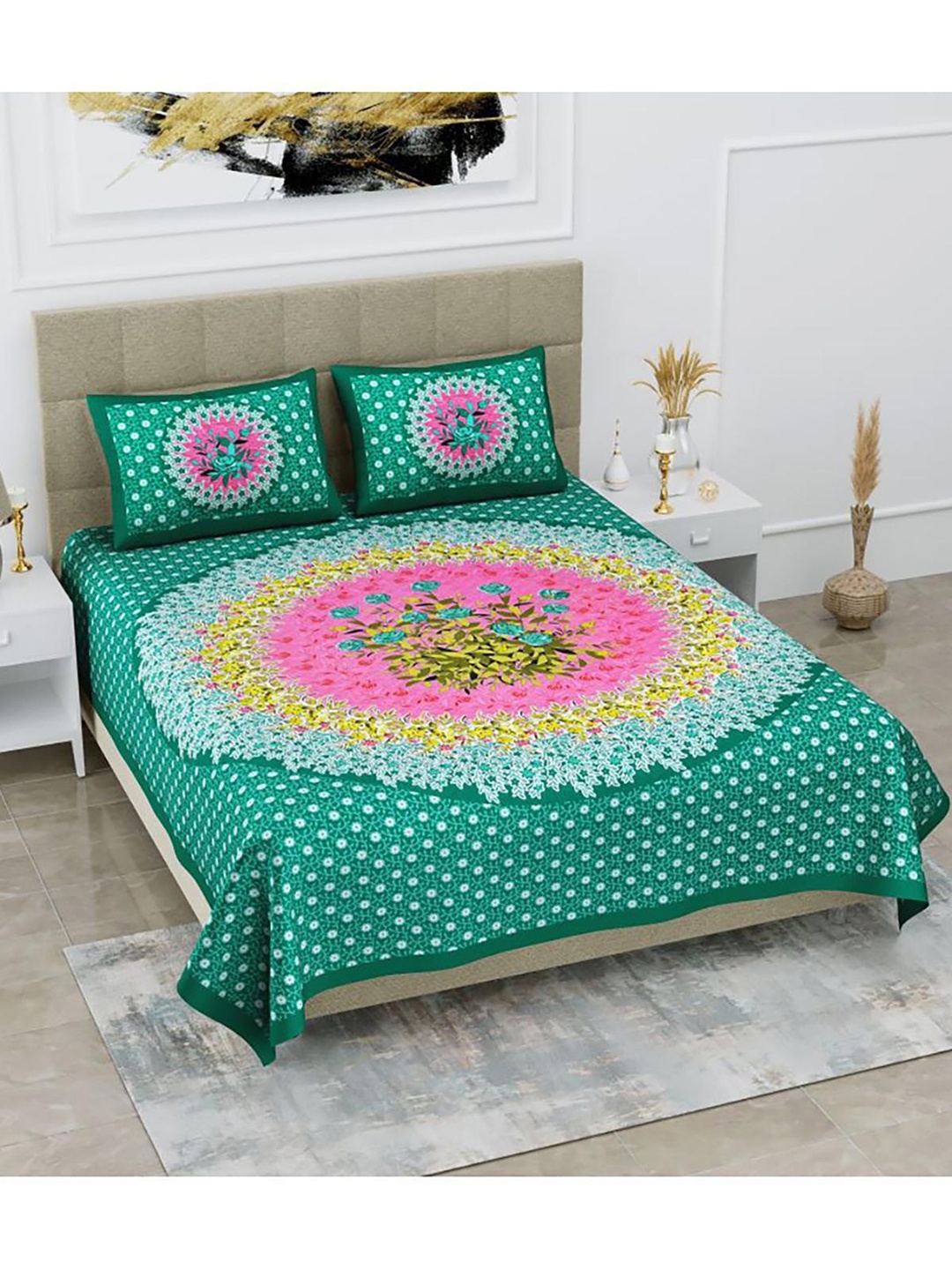 

HOMETALES Green Pink Ethnic Motifs Cotton 104 TC King Bedsheet With 2 Pillow Covers