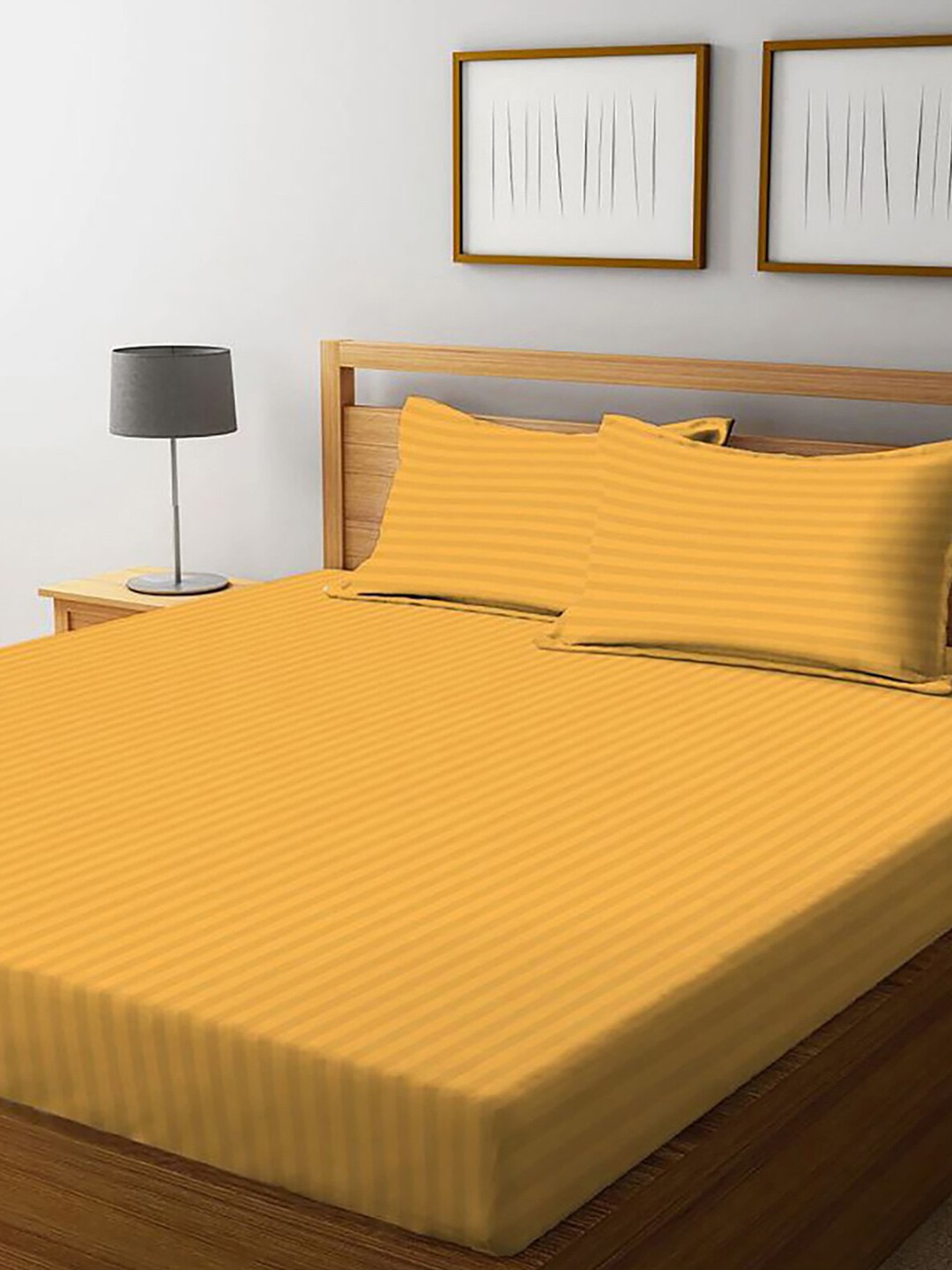

HOMETALES Yellow Striped Fitted King Bedsheet With 2 Pillow Covers