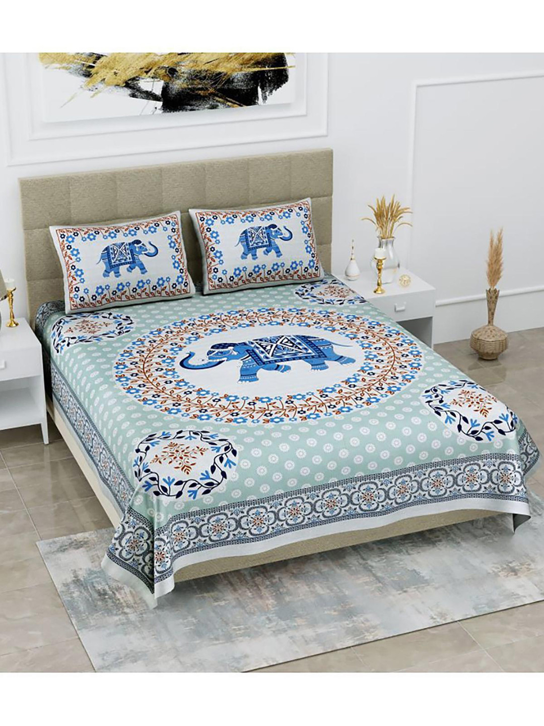 

HOMETALES Blue Grey Ethnic Motifs Cotton 104 TC King Bedsheet With 2 Pillow Covers