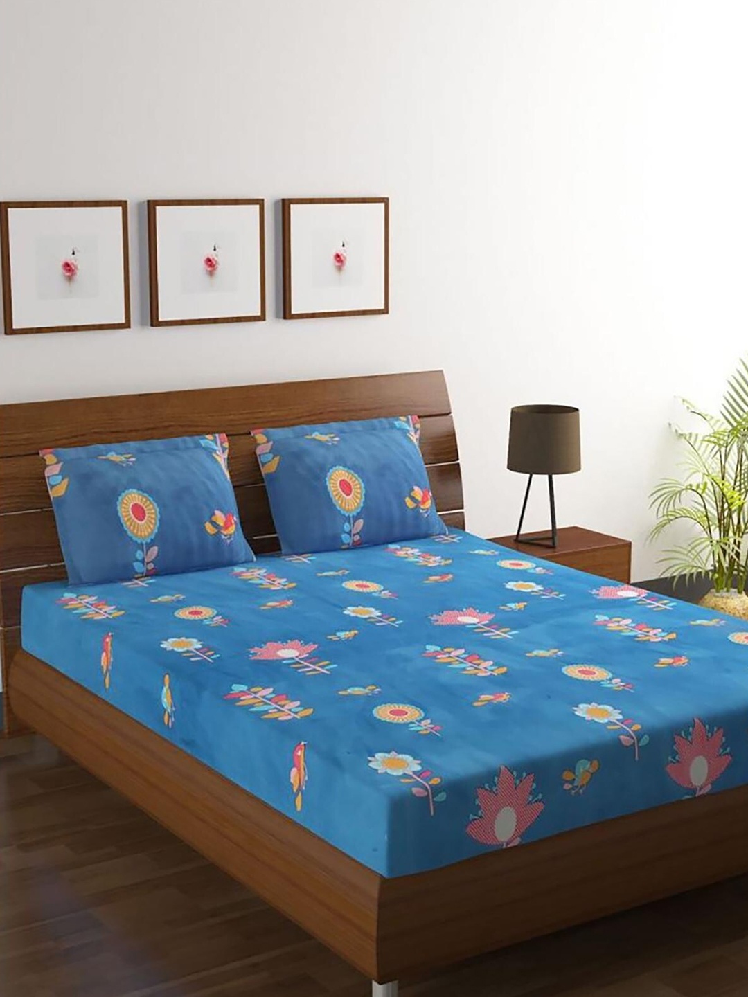 

HOMETALES Blue & Yellow 128 TC Floral Queen Bedsheet with 2 Pillow Covers