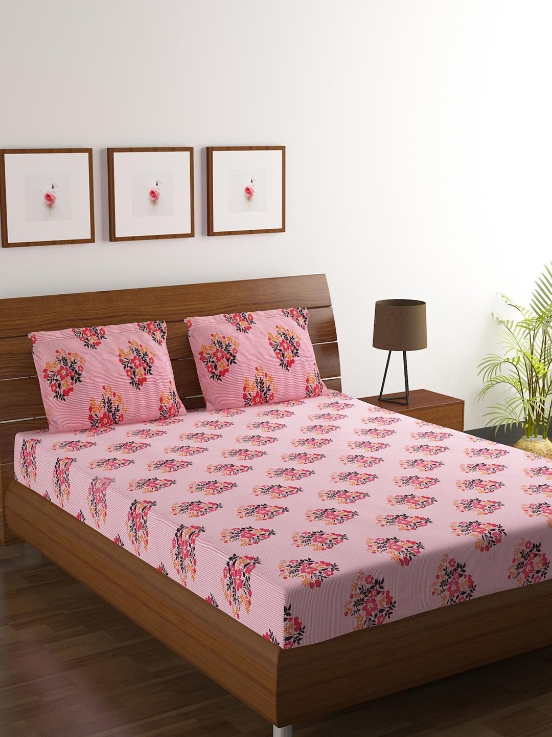 

HOMETALES Pink & Yellow Floral 120 TC King Bedsheet with 2 Pillow Covers
