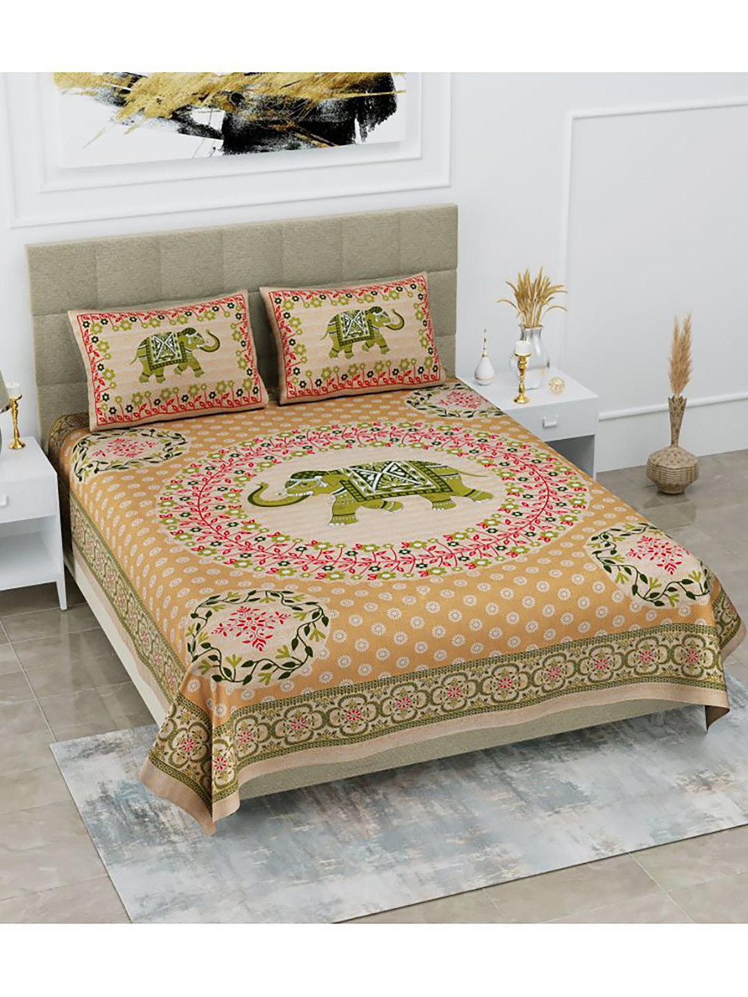 

HOMETALES Yellow Green Ethnic Motifs Cotton 104 TC King Bedsheet With 2 Pillow Covers