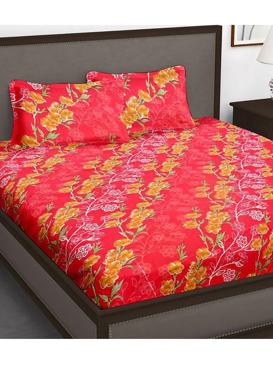 

HOMETALES Red Yellow Floral Cotton 104 TC King Bedsheet With 2 Pillow Covers