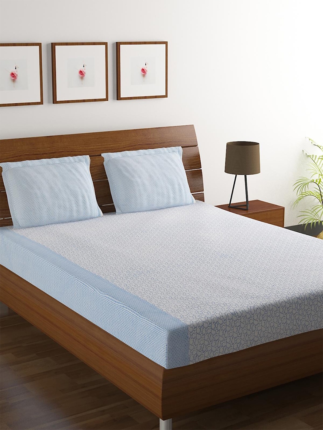 

HOMETALES Blue & White Floral Cotton 120 TC King Bedsheet with 2 Pillow Covers