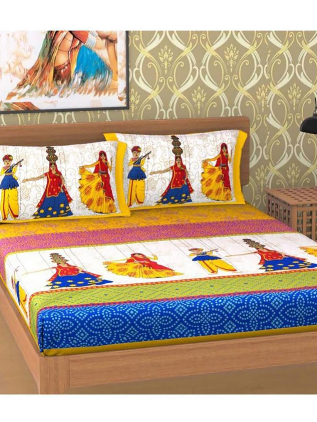 

HOMETALES Yellow White Ethnic Motifs Cotton 104 TC Queen Bedsheet With 2 Pillow Covers