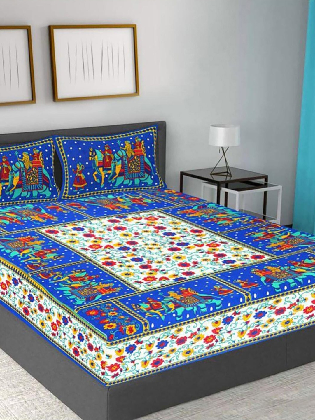 

HOMETALES Blue & White Floral Cotton 104 TC King Bedsheet With 2 Pillow Covers