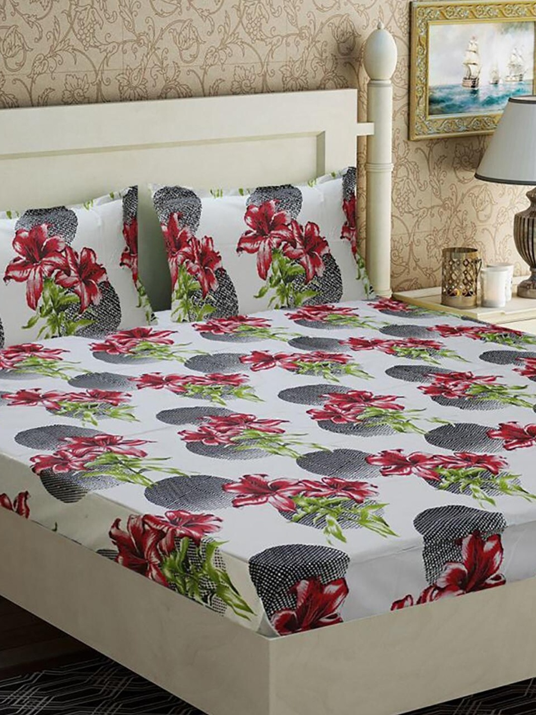 

HOMETALES White & Red Floral Cotton 144 TC King Bedsheet with 2 Pillow Covers